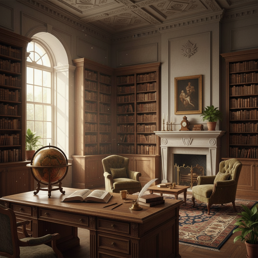 Biblioteca antigua con luz natural entrando por la ventana