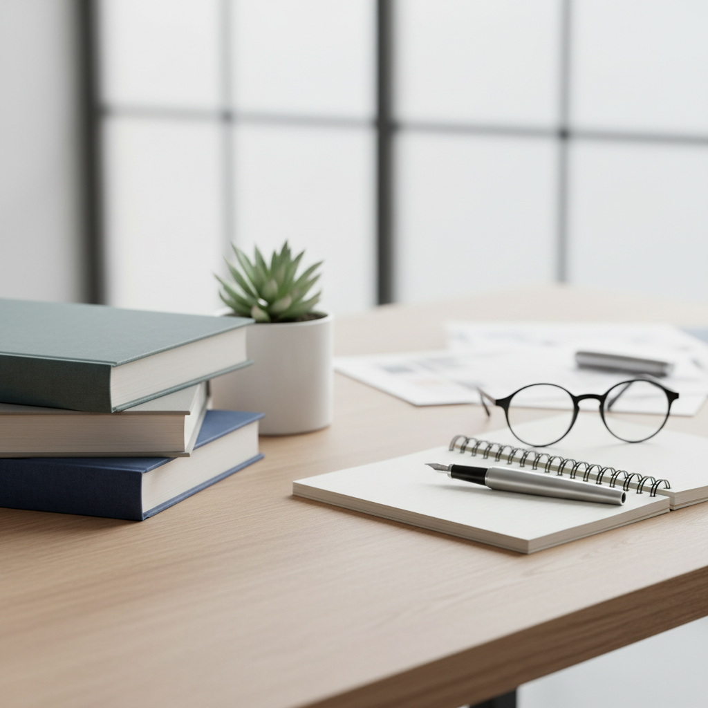 Escritorio con libros y una planta pequeña