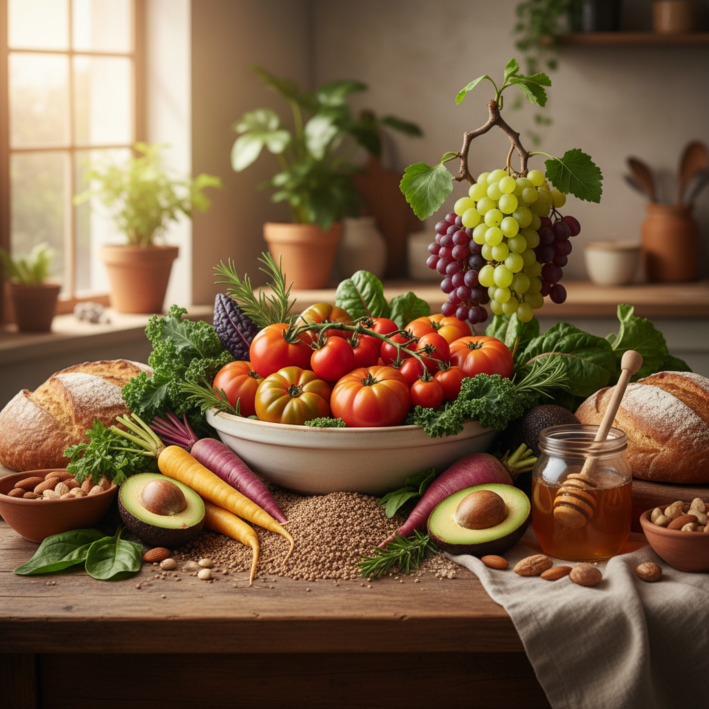 Alimentos orgánicos dispuestos artísticamente