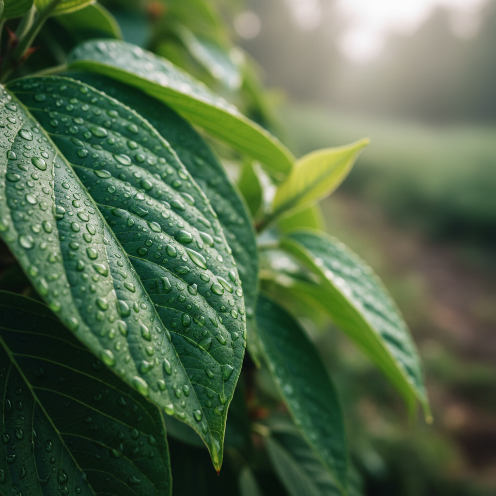 Hojas verdes con gotas de rocío