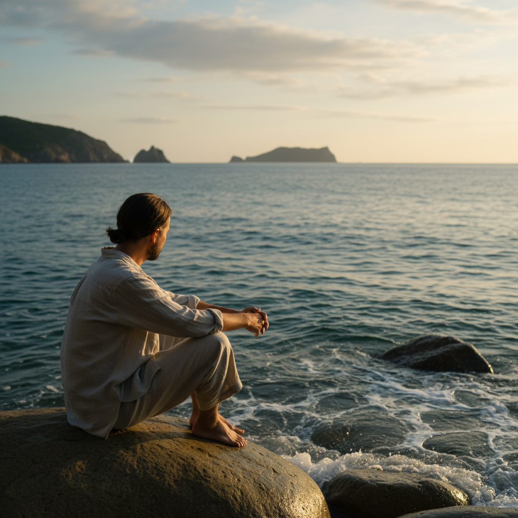 Persona en estado de reflexión tranquila frente al mar