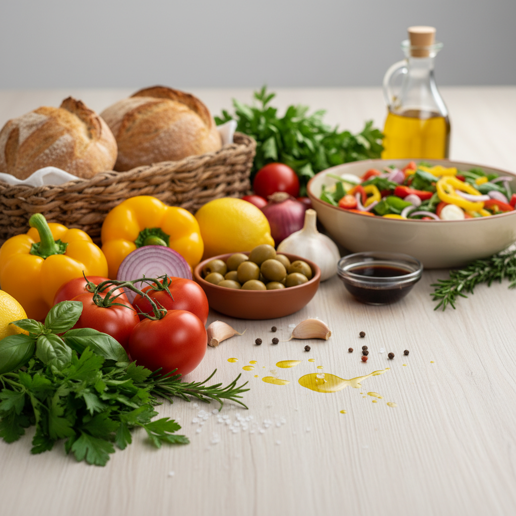Ingredientes naturales frescos sobre una mesa de madera