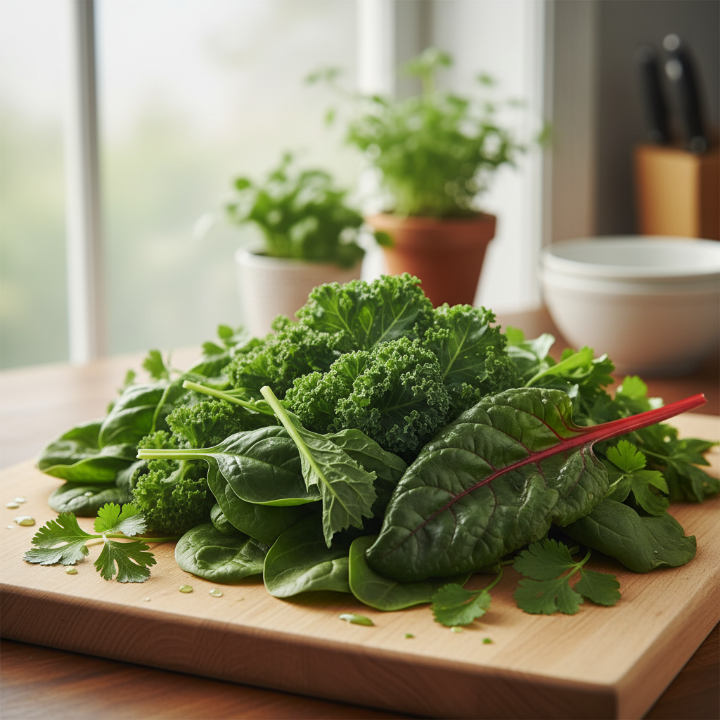 Verduras de hoja verde con luz natural